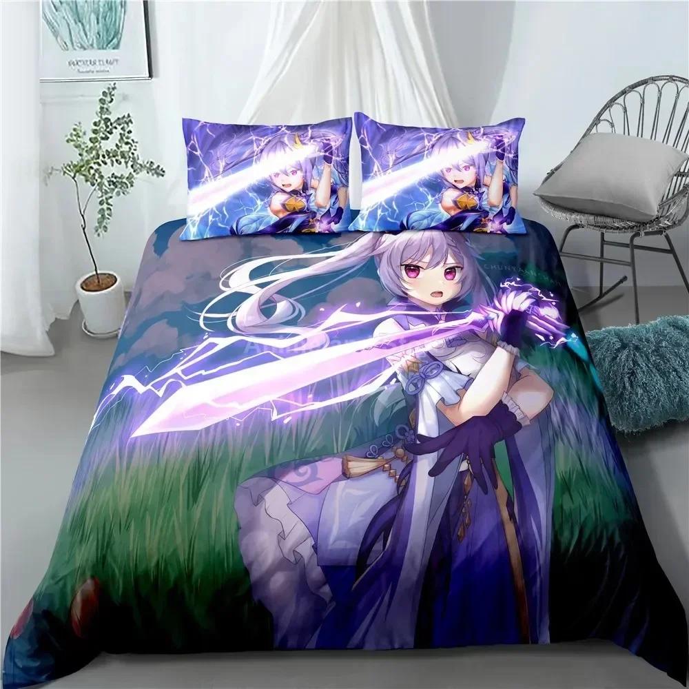 Luxury New 3D Print Keqing Bedding Set Genshin Impact Game Bed Linen Quilt Soft Duvet Cover Sets Home Room Decor Purple
