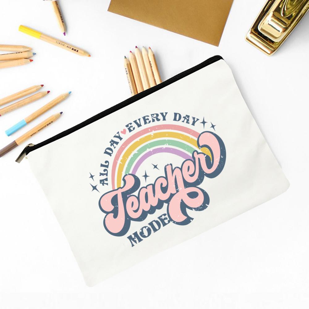 Teacher Flower Print Pencil Case Travel Makeup Bag School Stationery Supplies Storage Bags Wash Pouch Cosmetic Bags Teacher Gift