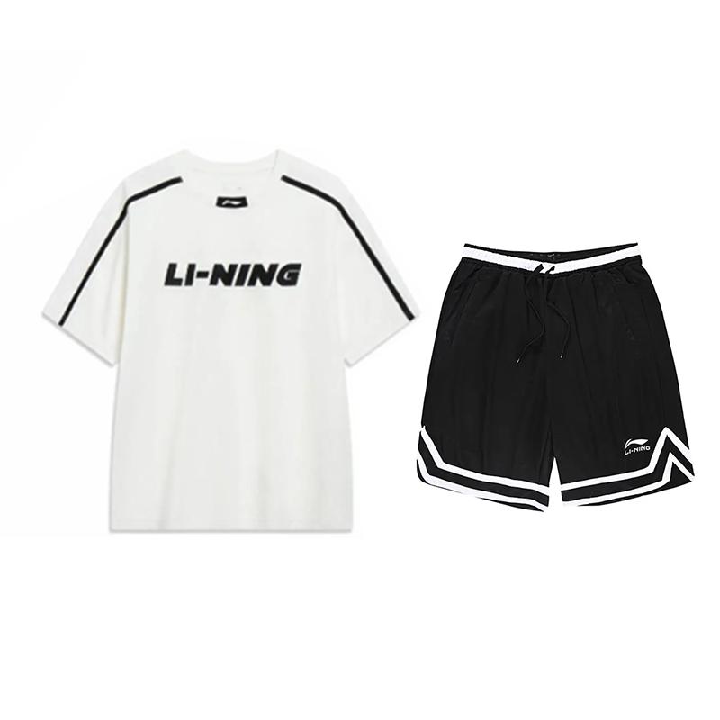 Li Ning American Print Crew Neck Short Sleeve Competition Striped Retro Shorts Casual Sports Suit Unisex Sports Suit YHSU311-1+YAPV001-1