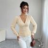 New V-neck Fashion Hand-stitched Pearl Solid Color Long-sleeved Slim T-shirt for Women In Autumn and Winter