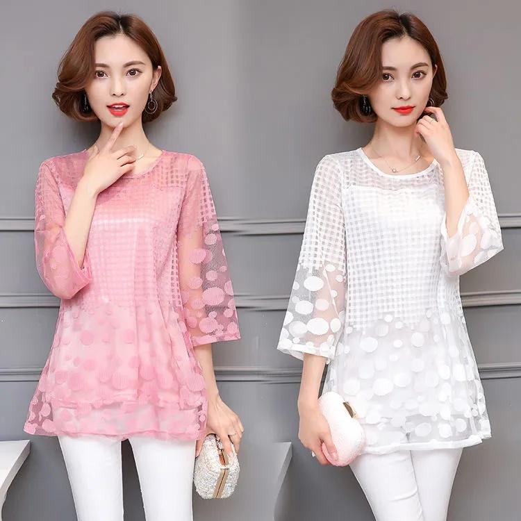 BLACK Women Summer Blouses Shirt Chiffon Women Tops Plaid Half Sleeves Women Blouses Plus Size Blusas White Red Black Lace Solid Color Shirt