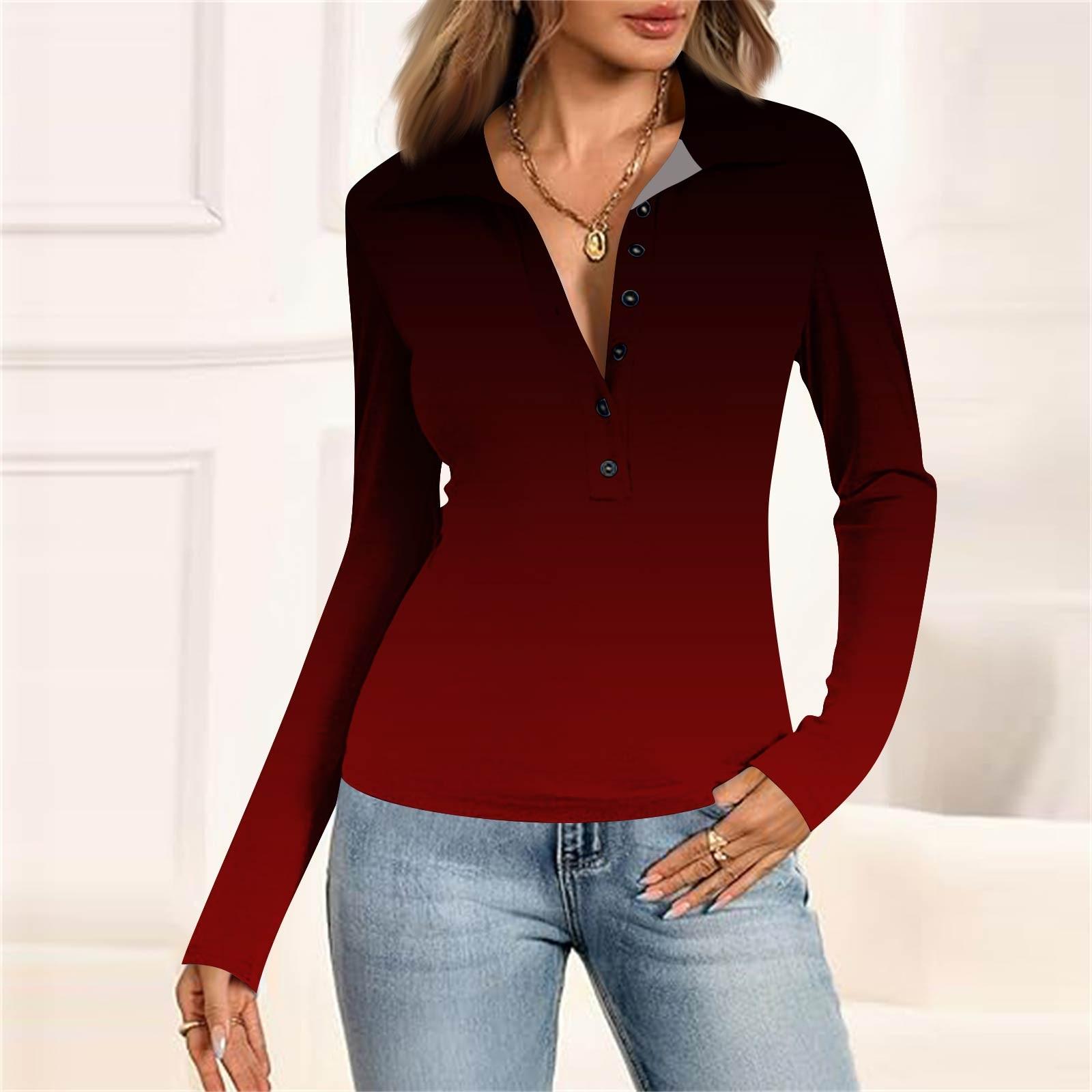 

Женская мода Повседневный принт V-образный вырез Длинный рукав Застегивающаяся на пуговицы блузка XL винный