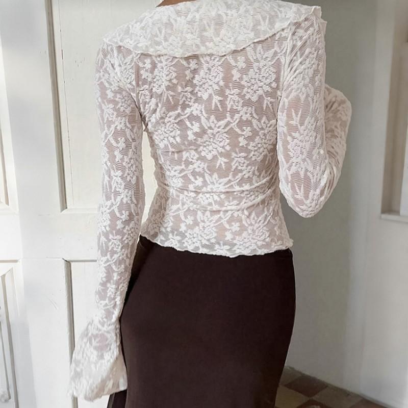Womens White Lace Blouse With Ruffled Trim Bell Sleeves Slim Fit Office Wear 2025