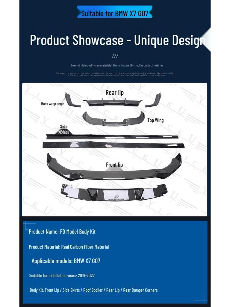 Compatible with BMW X7: Carbon Fiber FD Style Front Lip Splitter, Rear Lip Corner Covers, Side Skirts, Roof Spoiler, Diffuser (2019-2022)