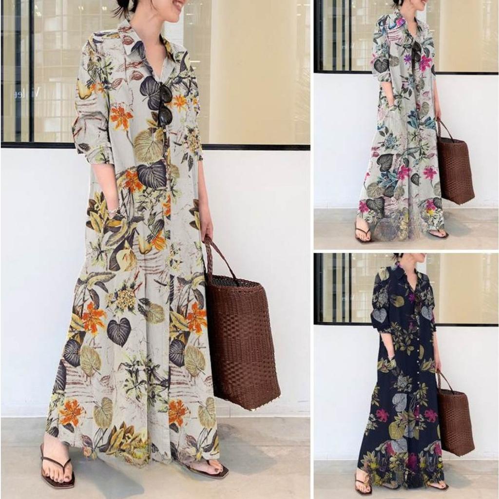 Women's Collar Long Sleeve Maxi Dress Loose Waist Floral Print Linen Shirt Dress
