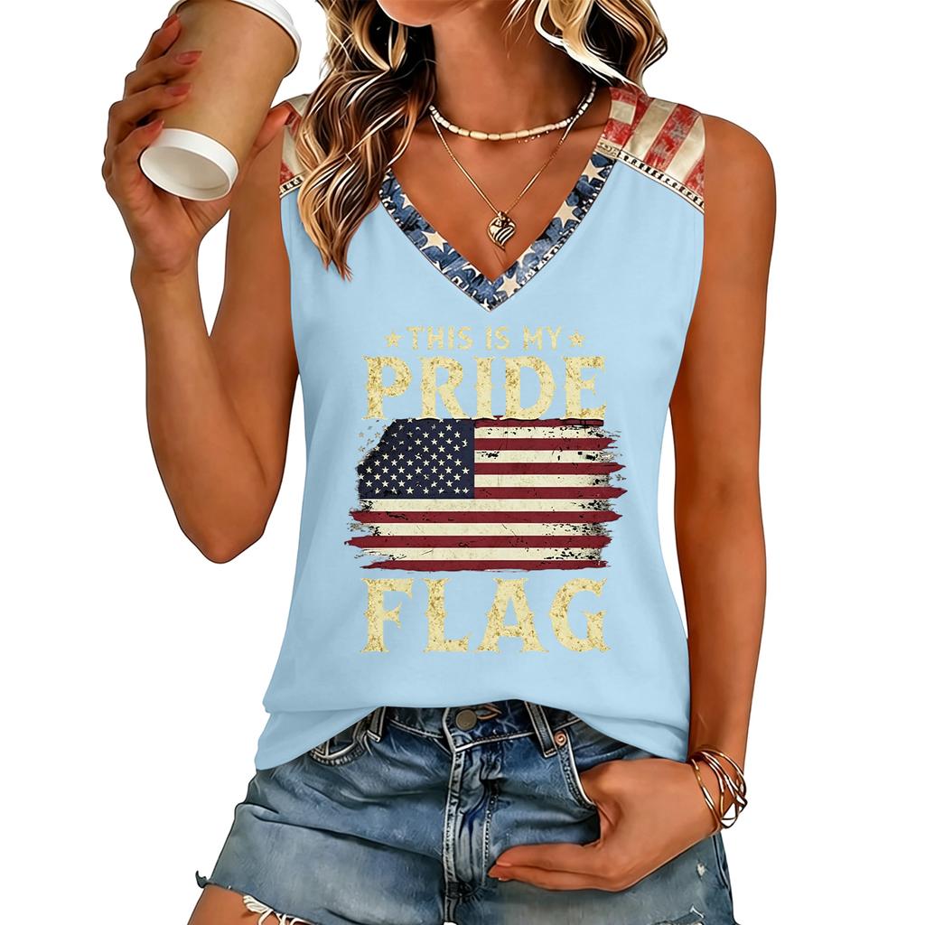 Women V Neck Casual Letter Print Short Sleeve T Shirt Top with Flag Graphic Comfortable Loose Fit Tee Shirt for Daily Wear