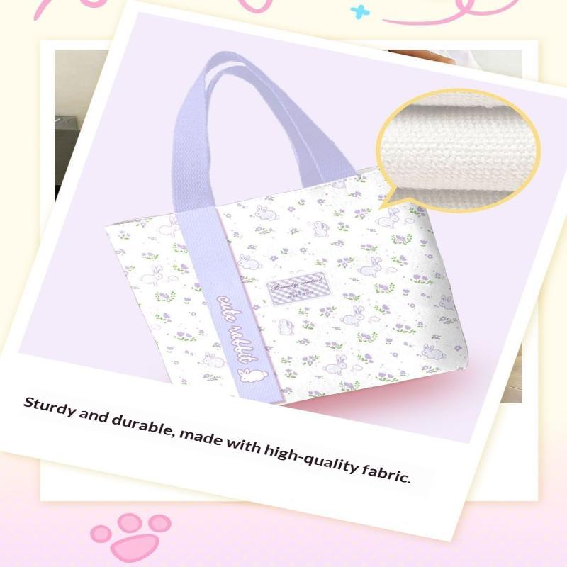 1 Pcs Cute Rabbit Canvas Bag Floral Cartoon Tote Bag Large Capacity Reusable Lunch Bag Work