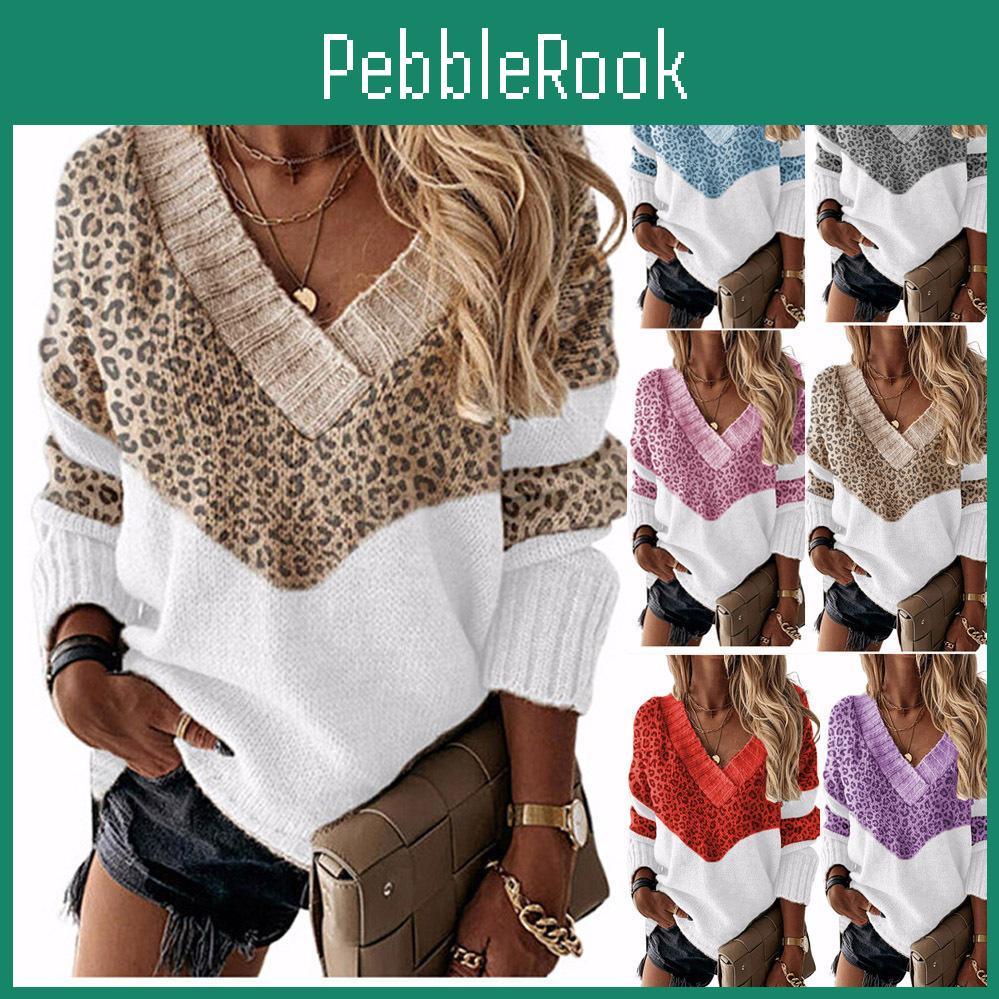 Sweater Casual Womens Oversized Oversized Leopard Print Long Sleeve V Neck Slightly Stretch Knit Pullover