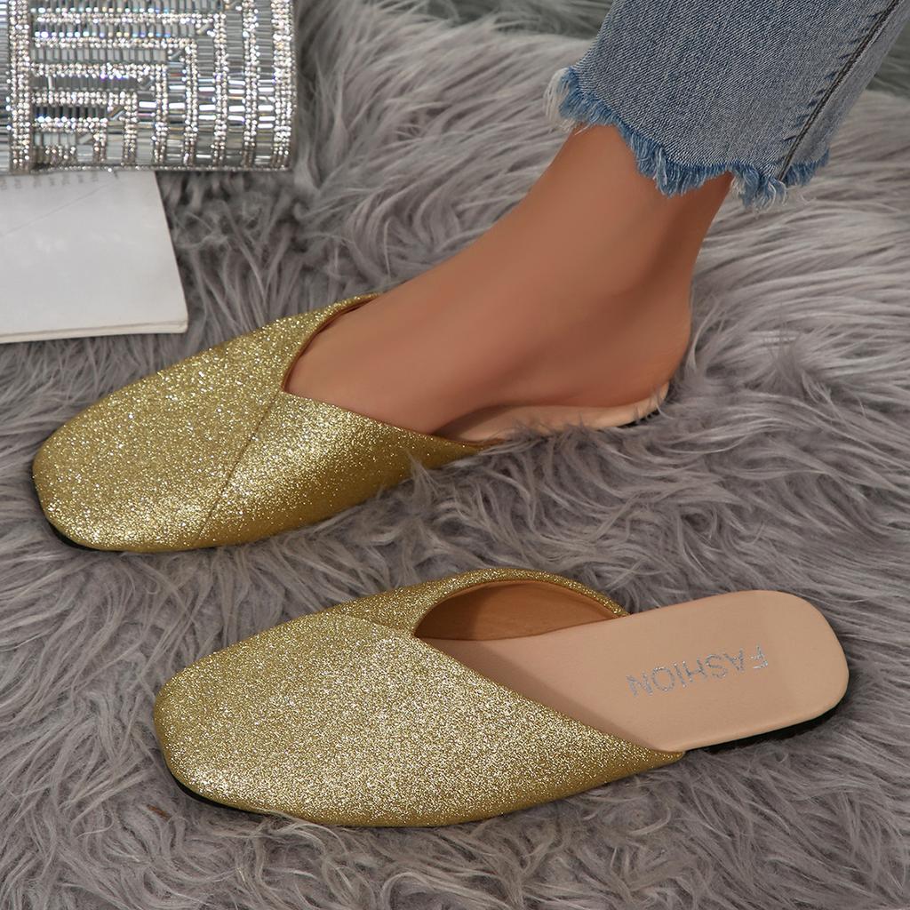 Women Mules 2026 Summer Elegant Shoes Women Square Closed Toe Flat Slippers Female Casual Leather Sandals Plus Size Slides Women