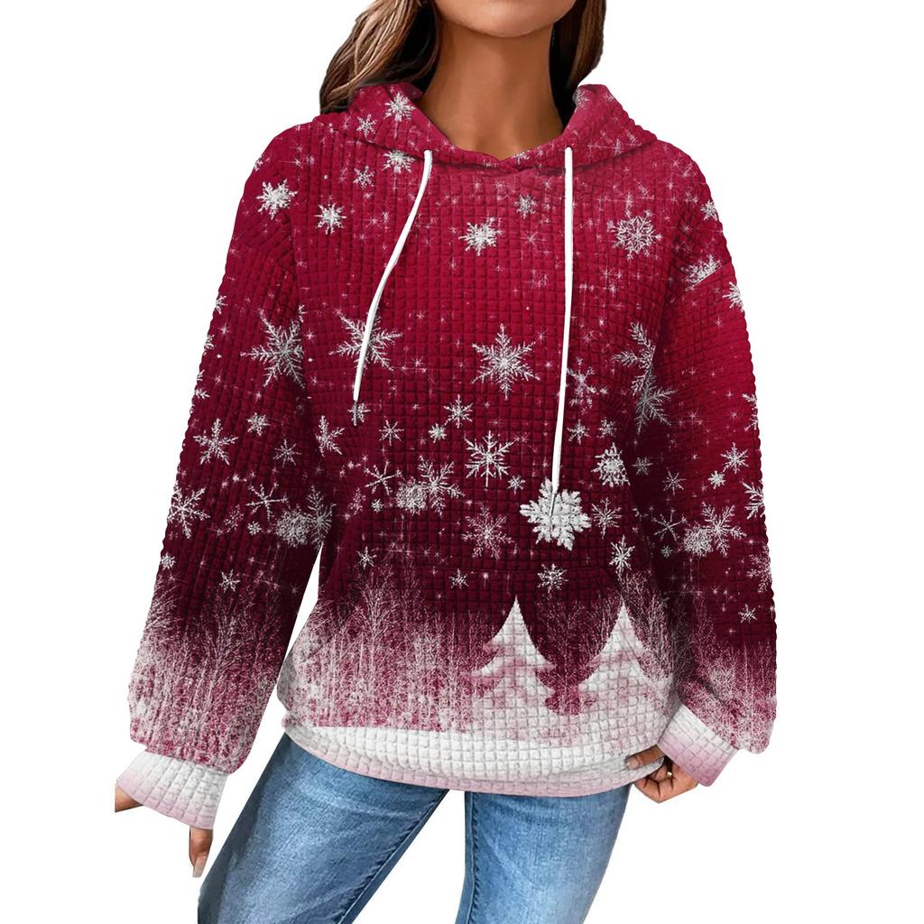 Dammode Lös Pullover med Huva Långärmad Rutig Sweatshirt med Dragsko, Nedhasad Axel, Ficka, Jultryck Topp