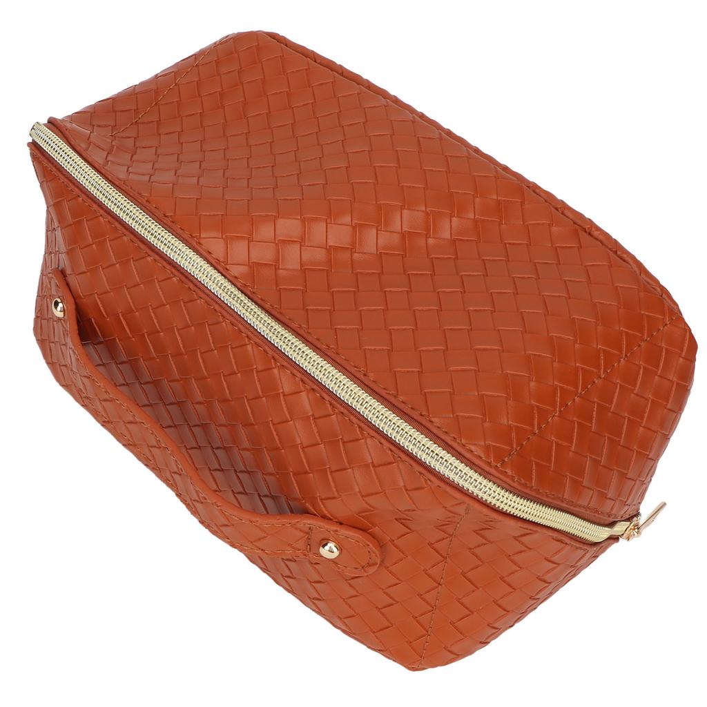 Makeup Storage Bag PU Leather Woven Pattern Zipper Closure Cosmetic Organize Pouch for Travel Brown