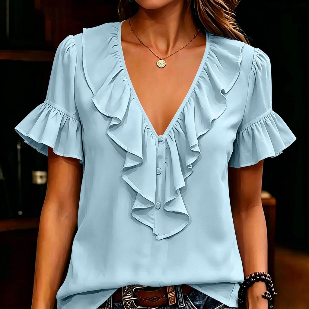 Women's Fashion V Neck Ruffle Short Sleeve Casual Blouse Lightweight Button Front Top for Everyday Wear