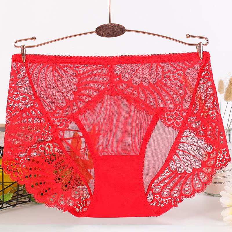 Damen Sexy Spitze Mid-Waist Transparent Panties, Nahtlos Übergröße, Reiner Baumwollzwickel, Dünner Stil Dreieck