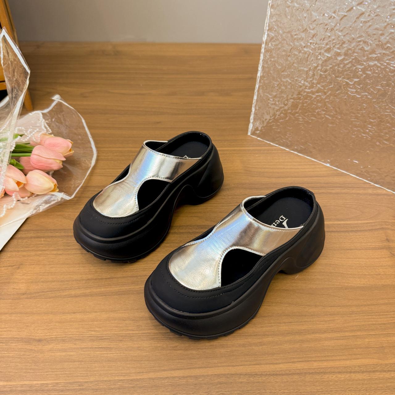 

2025 summer new baotou hollow versatile fashion temperament color matching thick bottom leopard print casual muller cool slippers 40 серебряный