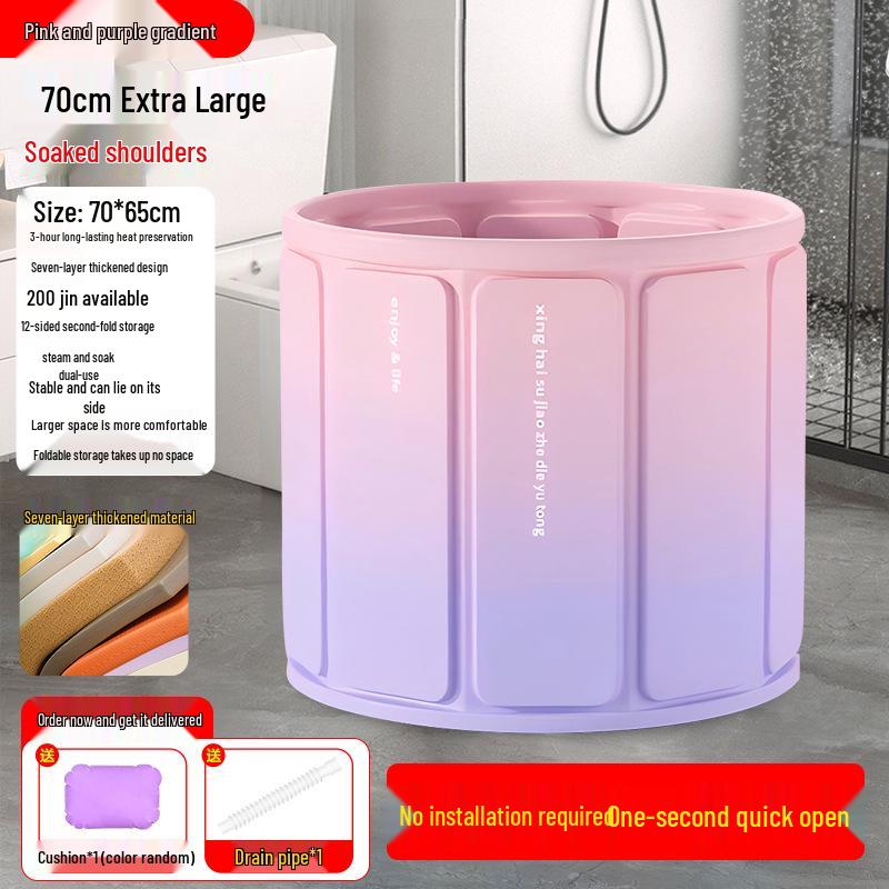 Folding Insulated Adult Soaking Tub - Anti-Rollover, Cotton-Padded, Large Size (Blue/Pink)