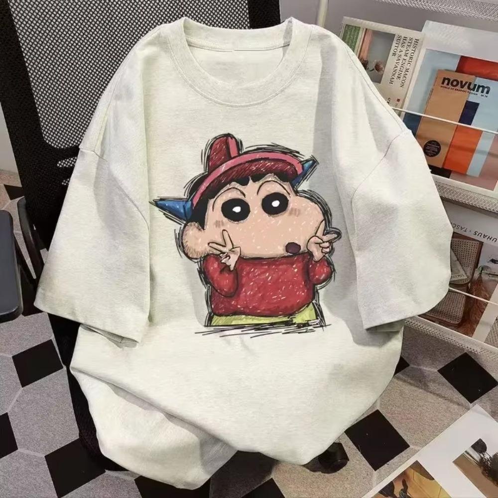 2025 Letnia Moda Nadruk Crayon Shin Chan Casualowy Damski T-shirt Krótki Rękaw Street Y2k Harajuku Luźny T-shirt z Okrągłym Dekoltem