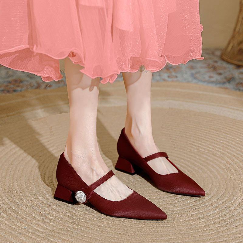 Pointed High Heels Are Not Tired of Feet, Spring Red Wedding Shoes, Magic Buckle Strap Thick Heel Mary Jane Shoes