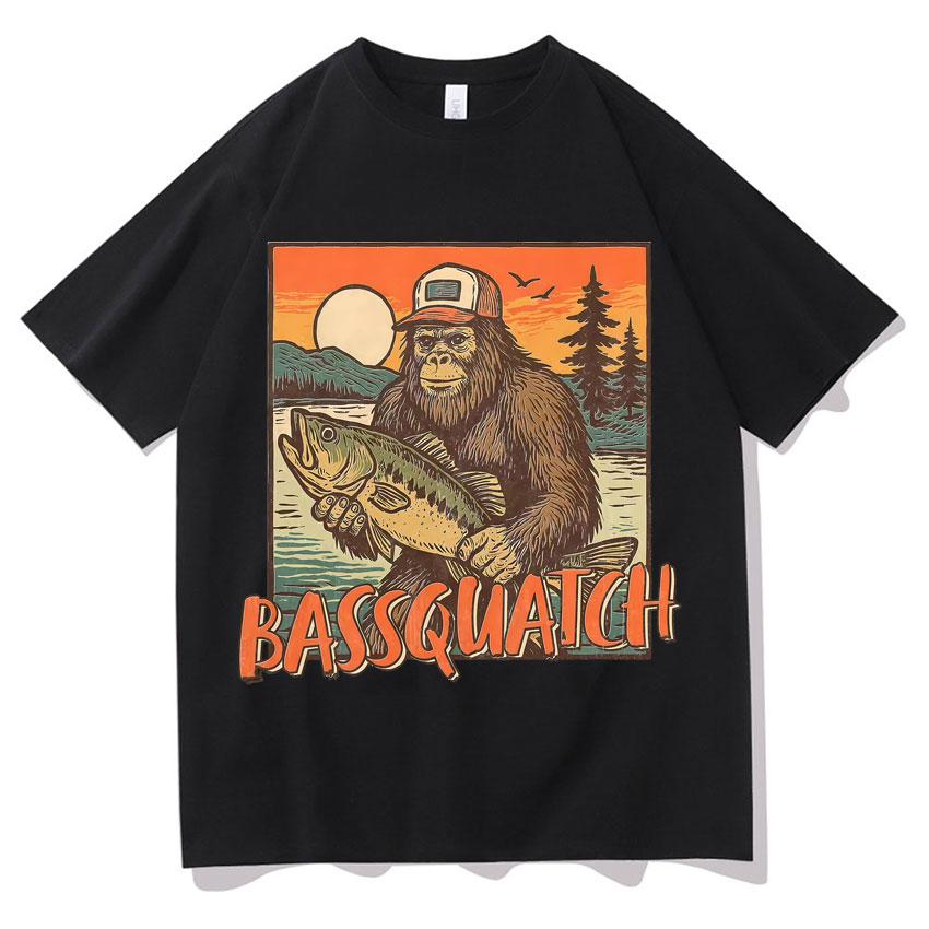 Funny Bassquatch Bass FisherUnisex Sasquatch Trendy Fishing Tshrit Unisexs Harajuku Casual Short Sleeve Teenagers High Quality Tshrits S