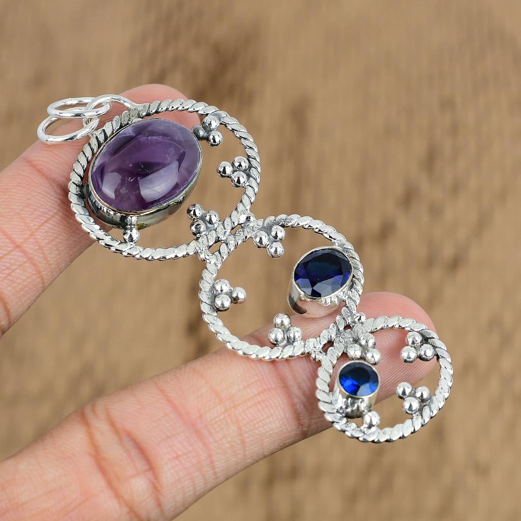 Natural Star Amethyst Tanzanite Quartz 925 Sterling Silver Anniversary Pendant
