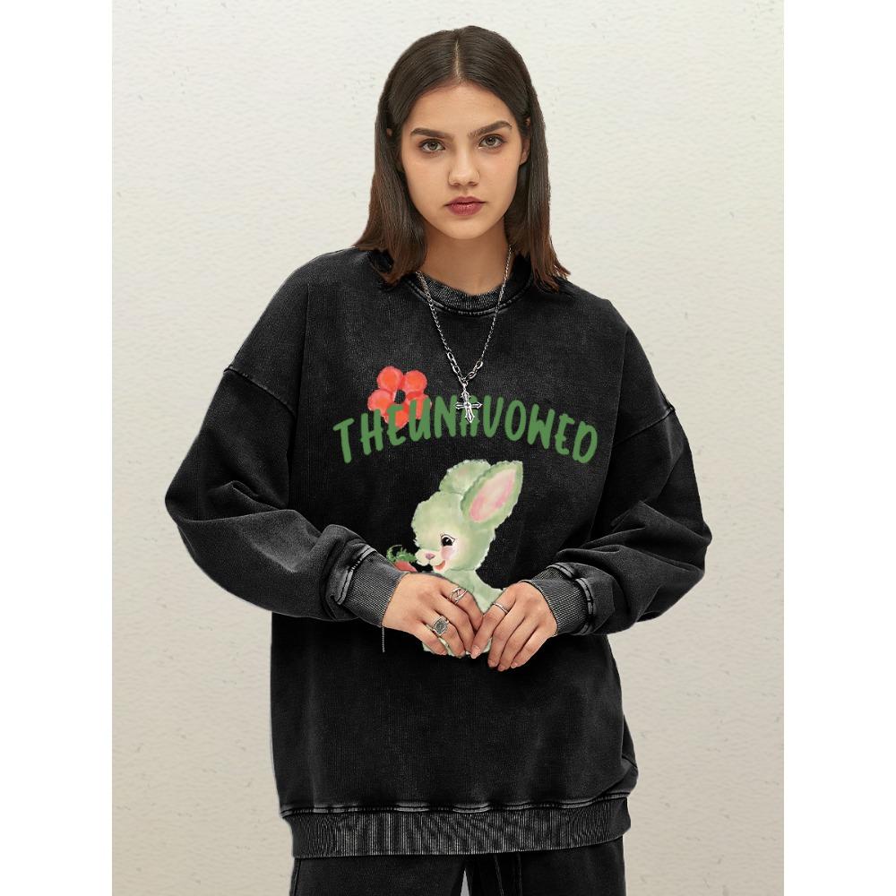 The Unavowed The Rabbit Holding A Carrot Print Women Washed Sweatshirt Crewneck Loose Pullover Cotton  Streetwear