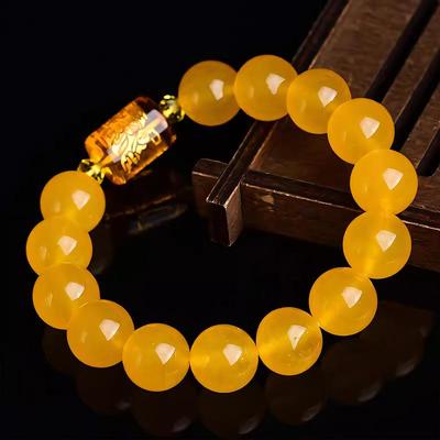 7A Grade Yellow Agate Bracelet - Benming Year Three-Sided God of Wealth Barrel Bead, Five Roads God of Wealth Jewelry.