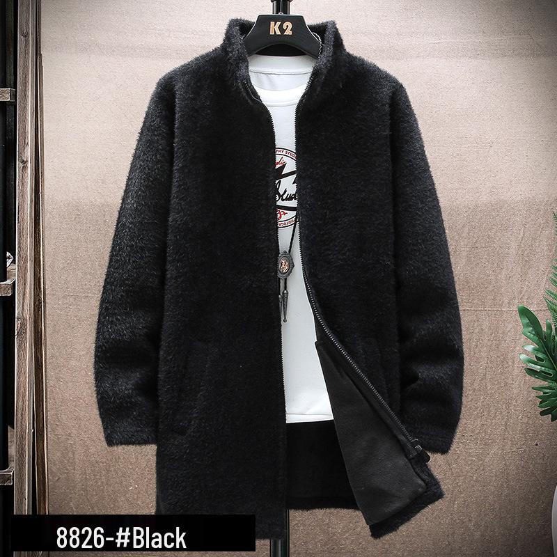 Men's Fleece-Lined Mid-Length Knit Cardigan - Thick and Warm for Autumn/Winter