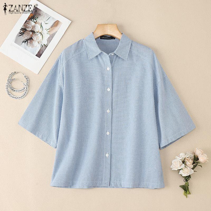 ZANZEA Women Turn Down Collar Loose Half Sleeve Casual Grid Print Blouse