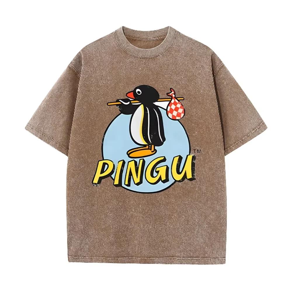 Funny Pingu the Penguin Cartoon Print Washed Beige Streetwear T Shirt