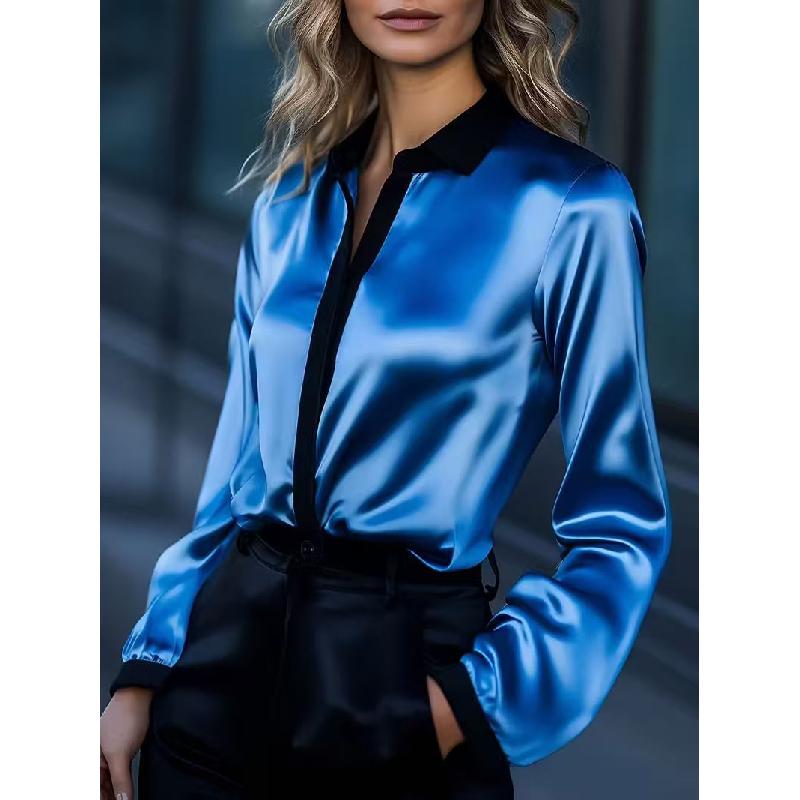 Women's Spring New Style Elegant Commuting Long-Sleeve Shirt Satin Color-Block Blouse