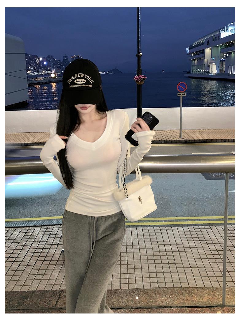 

Женский серый топ из немецкого бархата с V-образным вырезом, на флисовой подкладке, с длинным рукавом: Стильное высококачественное зимнее нижнее белье S белый