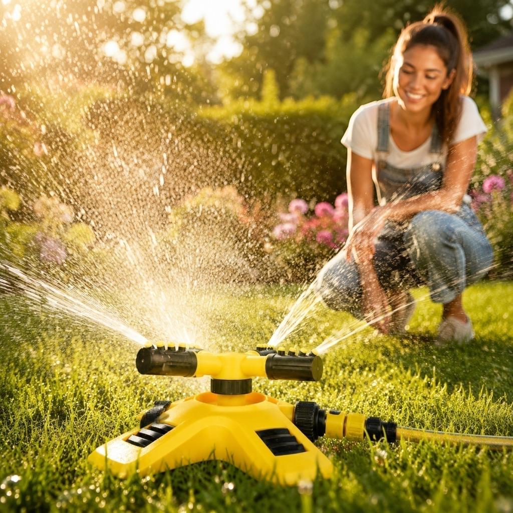 360 Degree Automatic Rotating Lawn Sprinkler Watering System with Adjustable Spray Arms and Hose Connector for Garden Lawn Irrigation