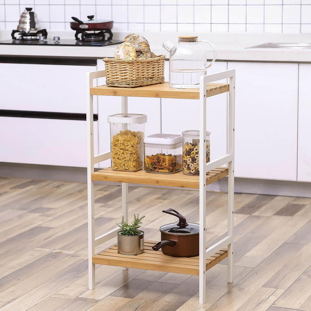 SONGMICS 3-Tier Bamboo Storage Rack for Bathroom, Kitchen, Bedroom, 45 X 31.5 X 80 Cm Natural Grain and White