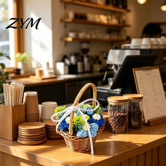 Artificial Flower Arrangement for Desk Hand Knitted Wool Basket, Decorative Mini Crocheted Floral with Simulation Art Home Ribbon, Plant Ornament