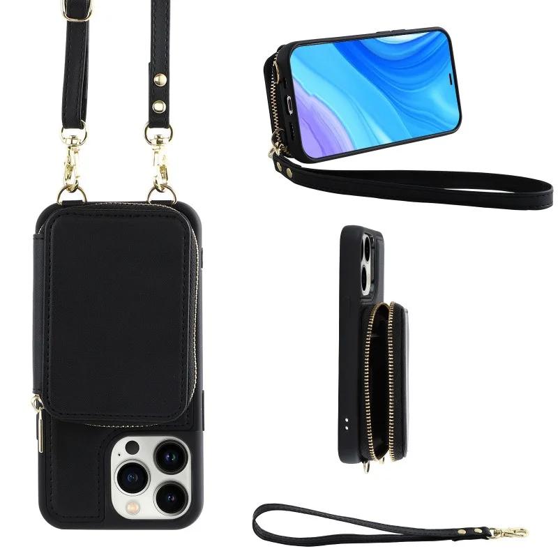 Crossbody Long Strap Leather Phone Case For iPhone 15 Pro Max 14 Plus 13 12 11 Pro Zipper Wallet Card Bag Cover with Lanyard