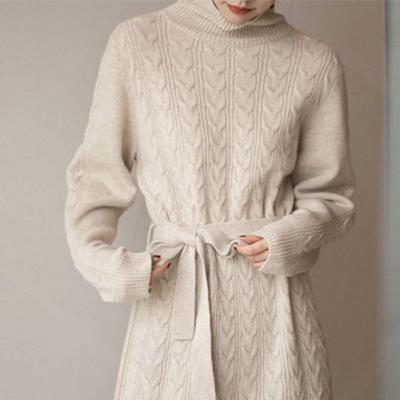Lace-up Waist High-necked Knitted Dress for Women's Autumn and Winter New Loose and Thin Over-the-knee Primer Sweater Skirt for Women