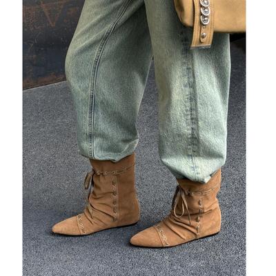 Nische Retro Spitz zulaufend Stapelgefühl Faltbare Zwei-Faden-Schnürstiefel Damen Maillard-Riemen Western-Cowboystiefel