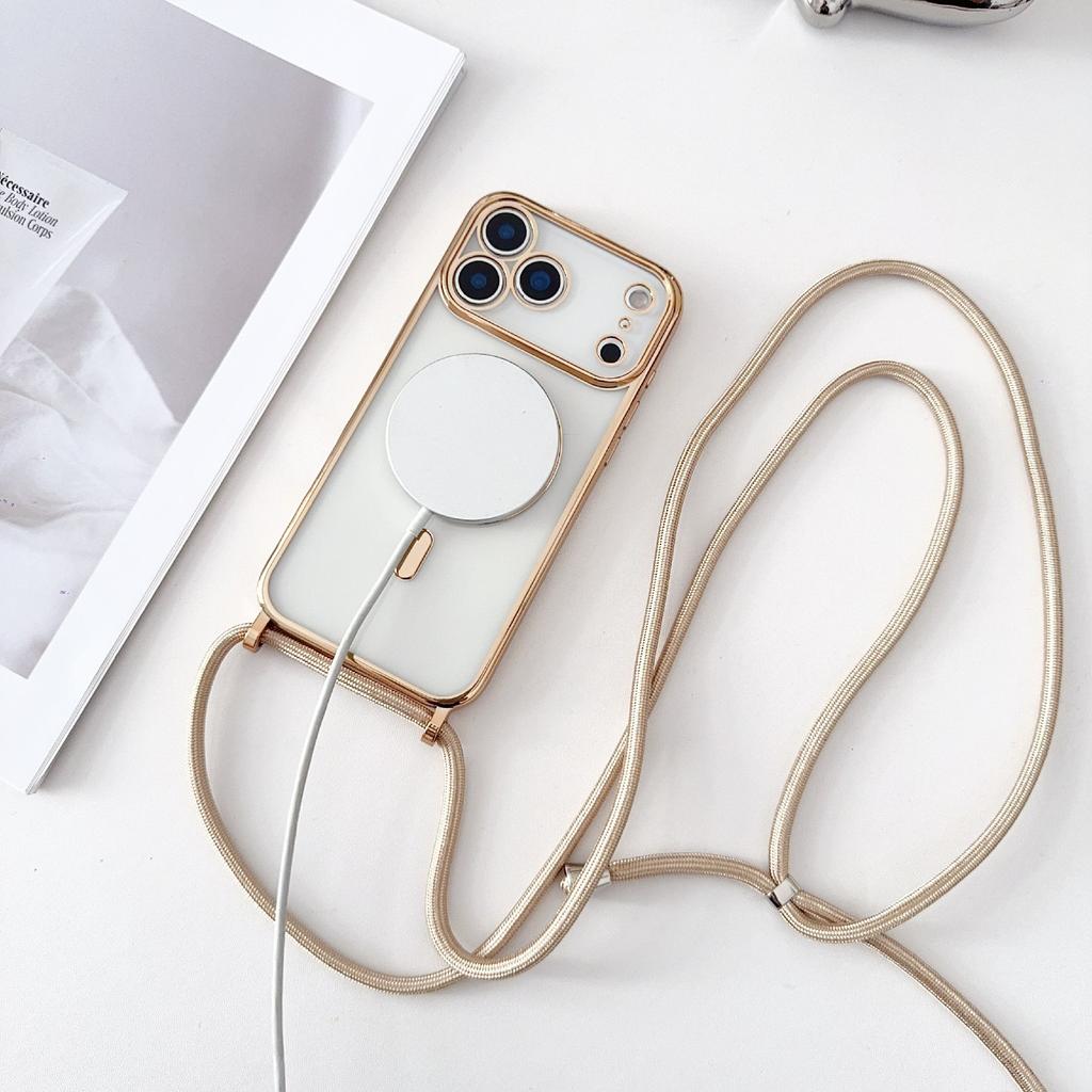 For iPhone 17 Pro Case Compatible with MagSafe Electroplating TPU Phone Cover with Long Lanyard