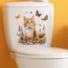 Playful Cat with Flowers and Butterfly Toilet Sticker Waterproof Self-Adhesive Removable Decal for Bathroom WC Decoration