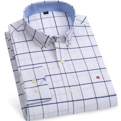Cotton Oxford Shirt Plus Size S~7XL Casual Business Men Plaid Shirts Checkered Design Regular Fit Long Sleeve with Front Pocket Man's Blouses