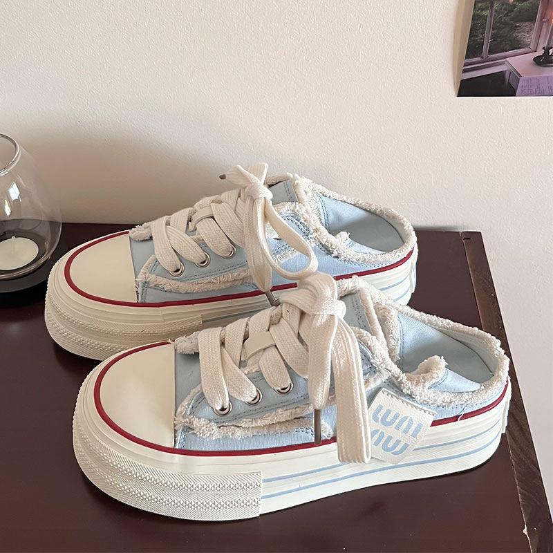 

2025 новые летние парусиновые туфли на платформе женские ленивые педали два способа носки полушлепки повседневные универсальные дышащие маленькие белые туфли 40 синий