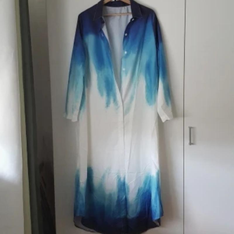 Spring Autumn Women's Shirt Dress Temperament Print Single-breasted Open Shirt Dress Casual Long Dress