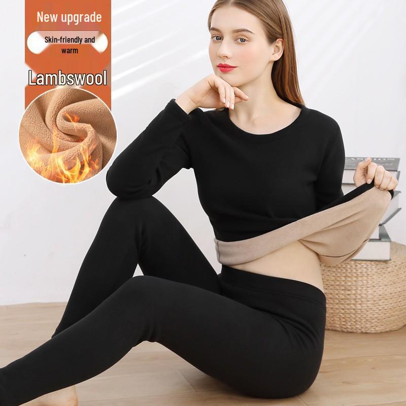 Women's Autumn Lambswool & Fleece Thermal Set: 460g Brushed Velvet Top & Bottoms for Cold Weather