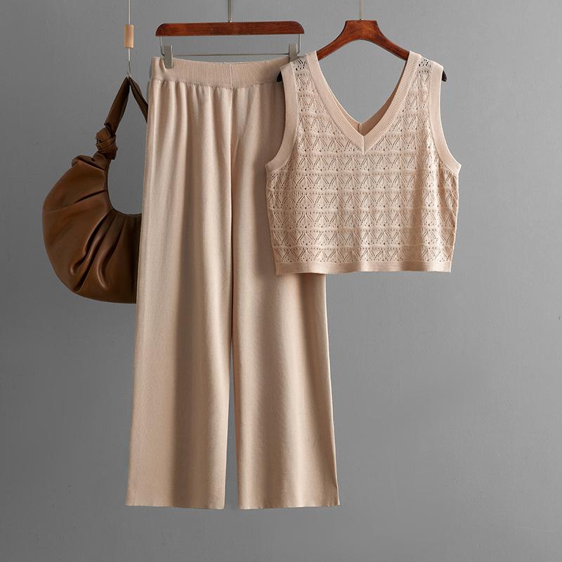 Sommer Mode Anzug V-Ausschnitt Lochstrick Weste Top Lässige Weitbein Hose Zweiteiliges Set