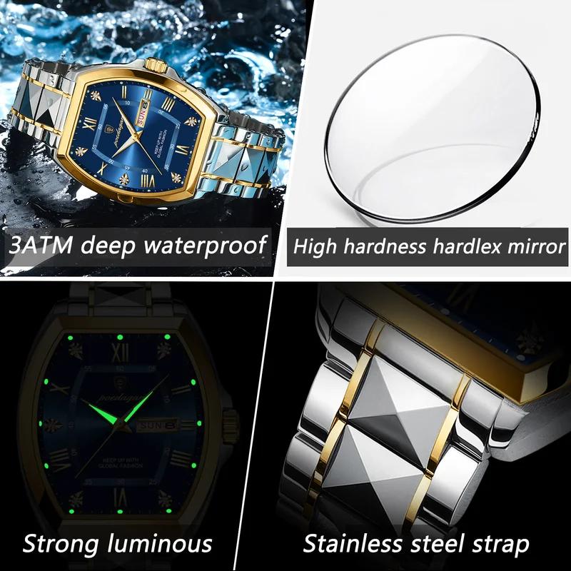 POEDAGAR Stainless Steel Watch Men Luxury Brand Business Luminous Waterproof Male Clock Tonneau Case Calendar Men Quartz Wristwatches