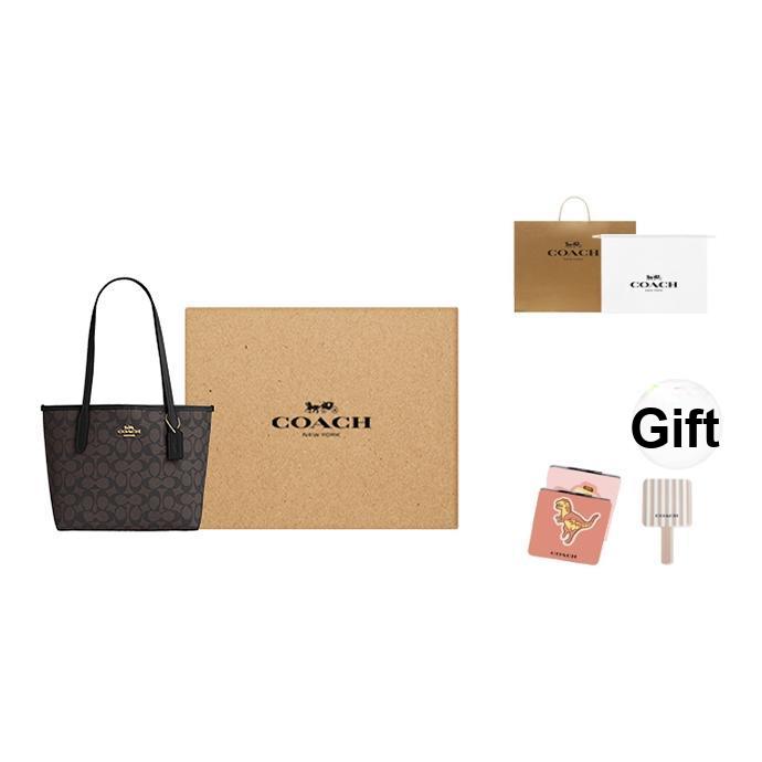 Coach City 23 Classic Monogram Metal Logo Tote Bag Shopping Bag Shoulder Handbag Medium Women Tote Bags Walnut Black CU759-IMXAQ