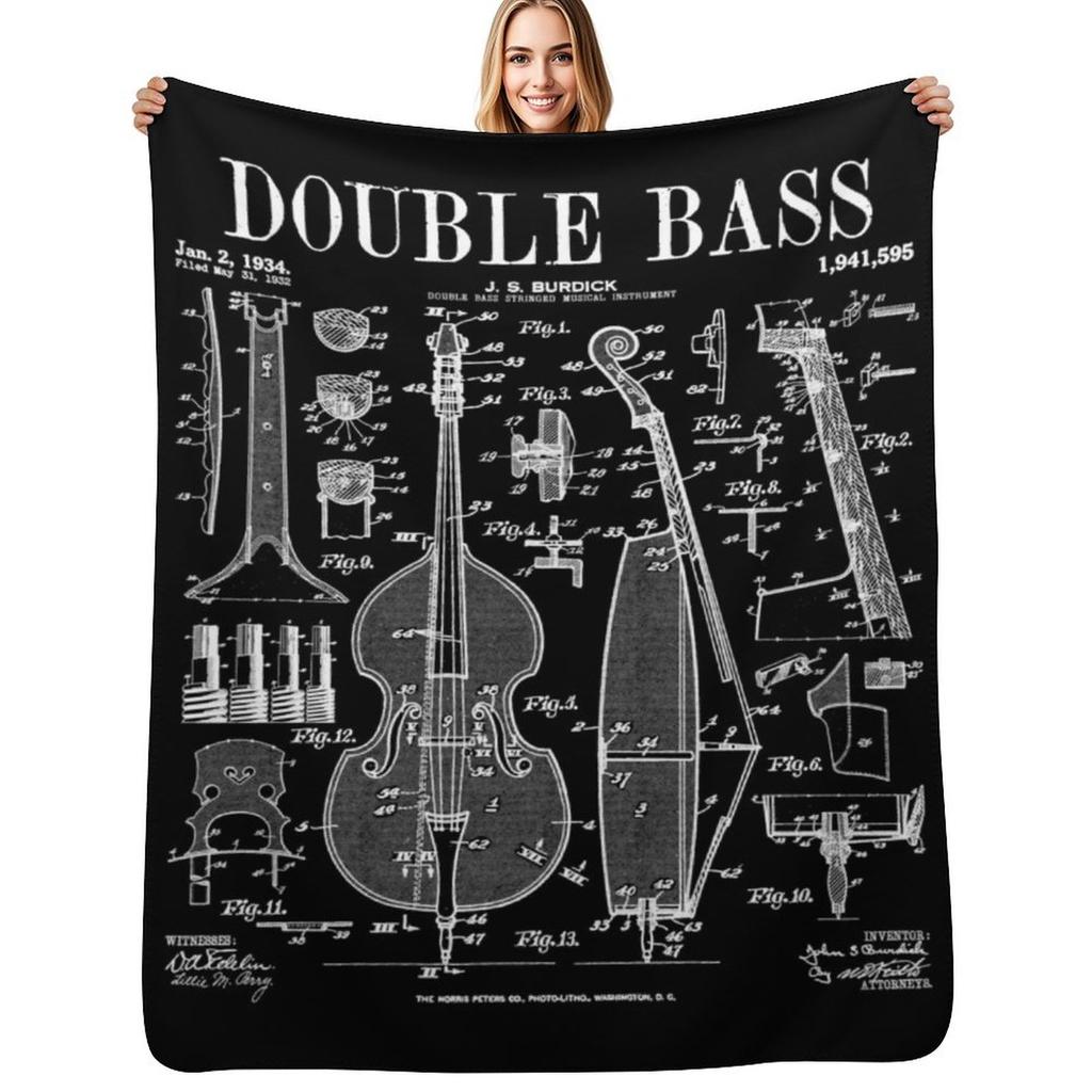 Double Bass Player Bassist Musical Instrument Vintage Patent Throw Blanket Cozy Sofa Blanket for TV Watching Napping
