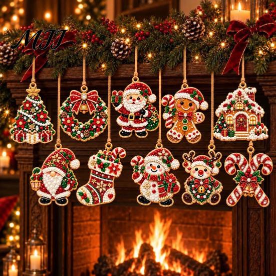 Handcrafted Christmas Keepsake 10 Pcs Faux Diamond Painting Art Ornaments, DIY Pearl Beads Holiday Craft Set with Wooden Base Jute Twine, Complete