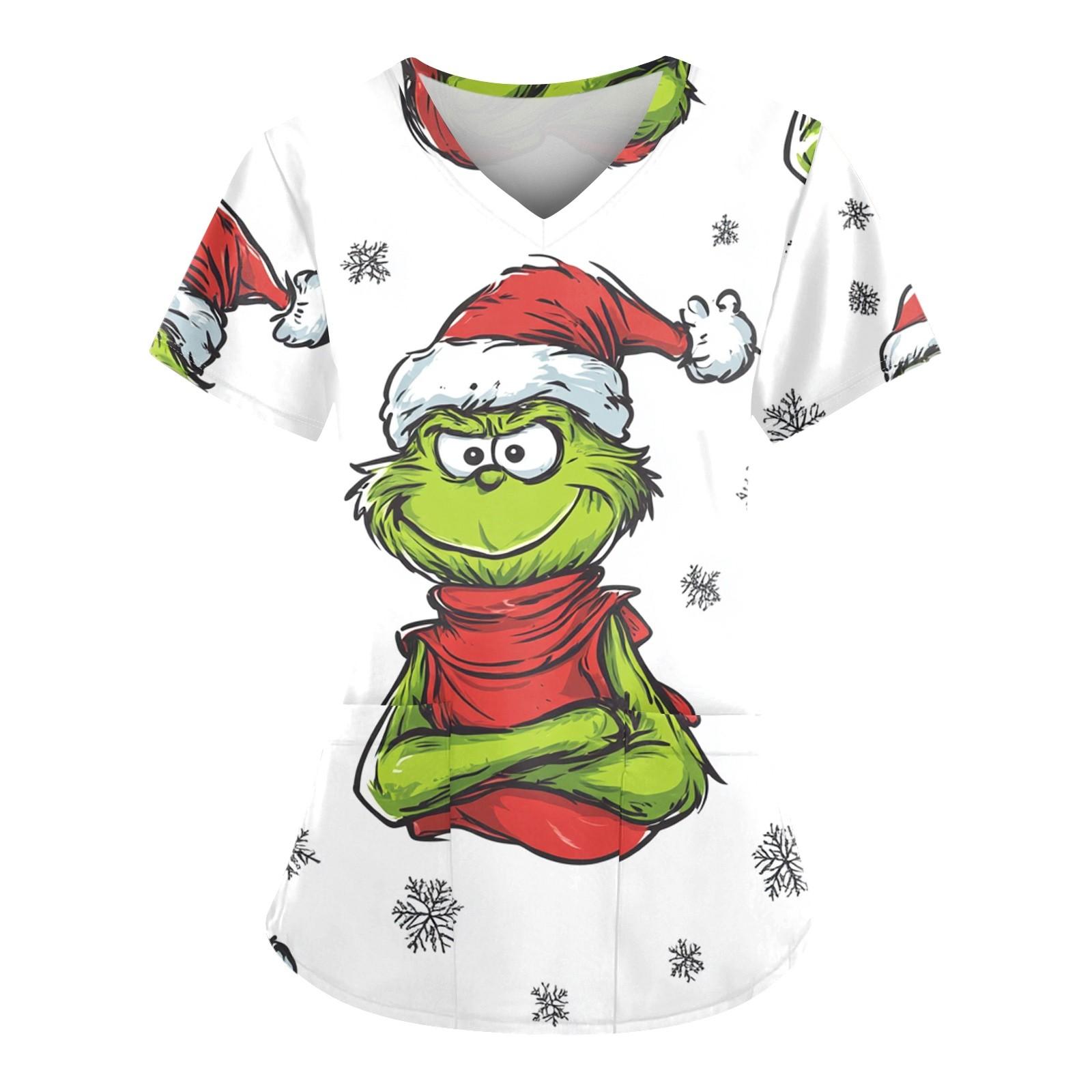 

Женский свободный облегающий топ с принтом рождественского снеговика и V-образным вырезом, короткими рукавами и карманами L армия зеленый