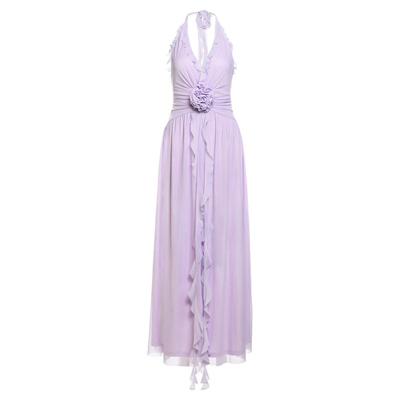 

# Sisjuly# Meishen Xiaoji Summer Fresh Tulle Wooden Ear Three-dimensional Flower Split Hanging Neck Dress Women Purple S