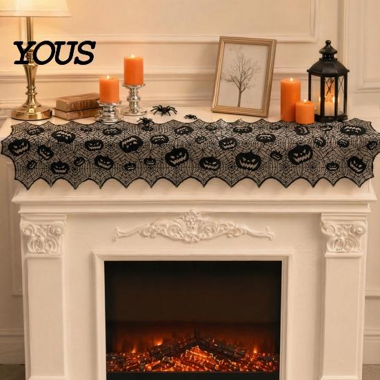 Black Lace Table Runner Halloween Runner, 70 x 15 Inch Spider Web Pumpkin Pattern Spooky Gothic Dinner Decoration for Kitchen Decor, Party Supplies